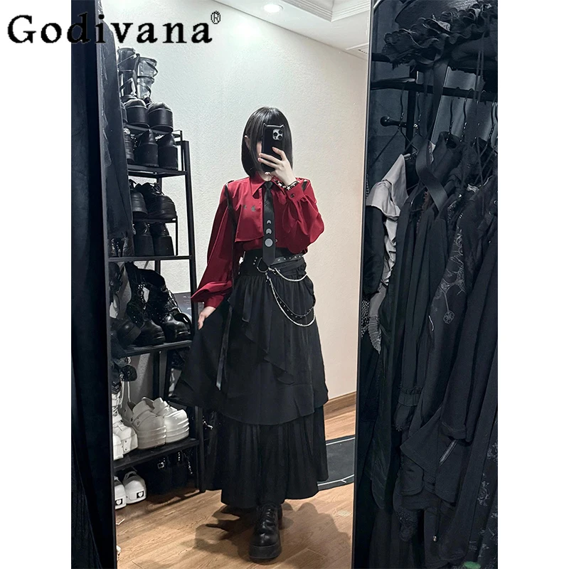 القوطية نمط لوليتا ملابس للنساء أسود أحمر جديد مطوي قميص أنيق التخسيس فستان بحزام طويل الدعاوى الفتيات اليابانية مجموعة