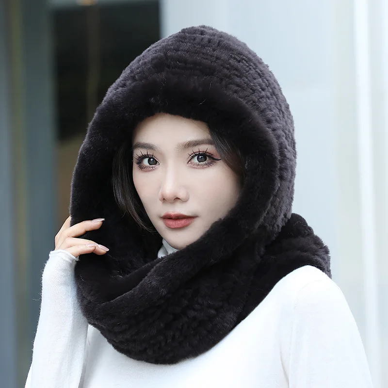 Hat Women New Knitted Real Rex Rabbit Fur Hat Hooded Scarf Winter hats for Woman Cap Warm Natural Fur Hat With Neck Scarves