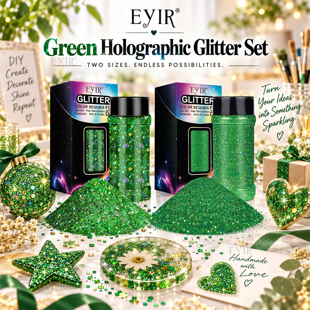 EYIR 2PCS Green Holographic Glitter Set 80g Fine Glitter 50g Chunky Glitter Flakes for Resin Tumblers DIY Art Craft Decorations