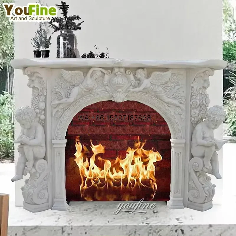 Wmwmnu Beautiful White Marble Fireplace with Angel Baby Statue Sculpture for Sale