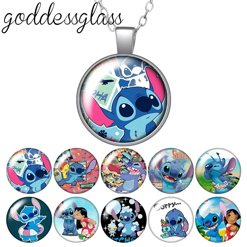 Disney Cartoon Cute Stitch Lilo Round Photo Glass cabochon collana con ciondolo placcato argento catena di gioielli regalo da 60cm