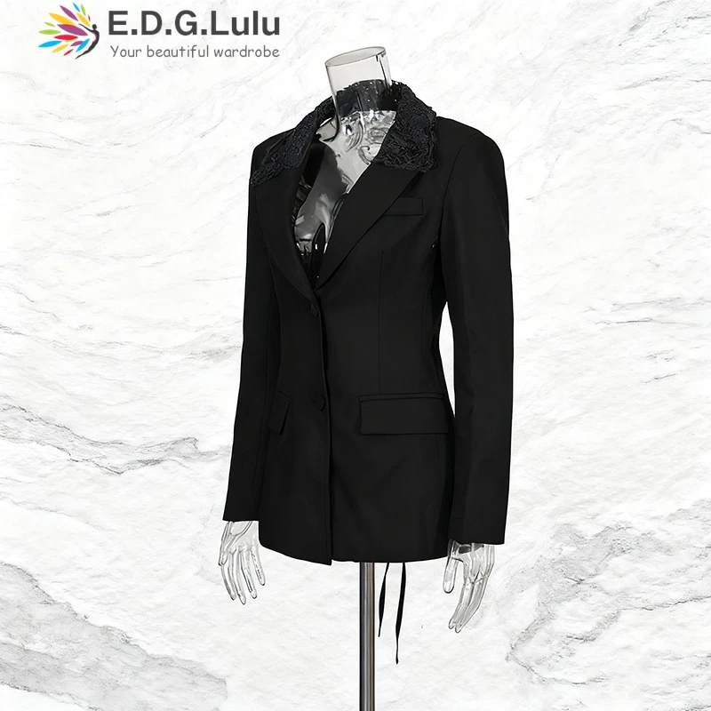 EDGLuLu 2025 جديد مثير عارية الذراعين جوفاء الدانتيل الربط بدلة سوداء سترة بدوره إلى أسفل طوق بأكمام طويلة مكتب سيدة السترة 1028