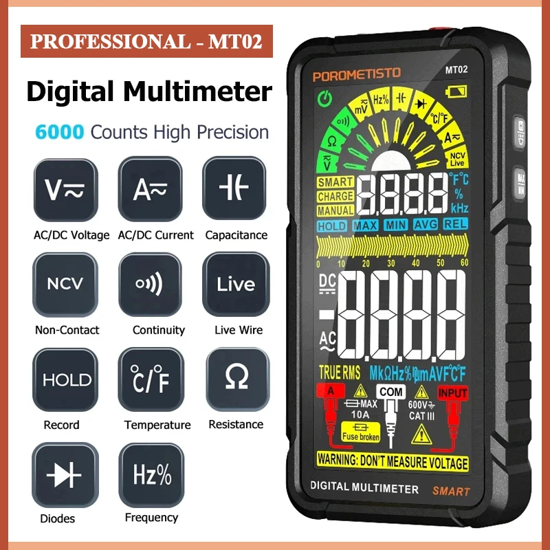 

POROMETISTO MT02 Smart Digital Multimeter 600V 10A Digital DC/AC Current Voltage Capacitor Ohm Diode NCV Hz Tester multimetro