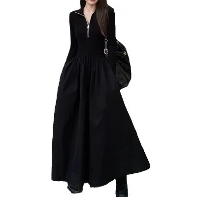 

Women Knitted Dress Autumn Winter Long Dresses Zipper Turn Down Collar Knitwear Maxi Gown Knitting A Line Office Lady Vestidos