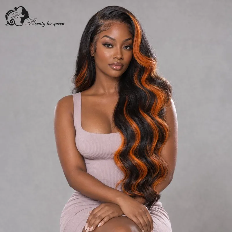 Fluffy Black Orange Streak Ombre Human Hair Wigs Body Wave Long Everyday Pre Plucked Pro Luxe Wear And Go Bleached Knots