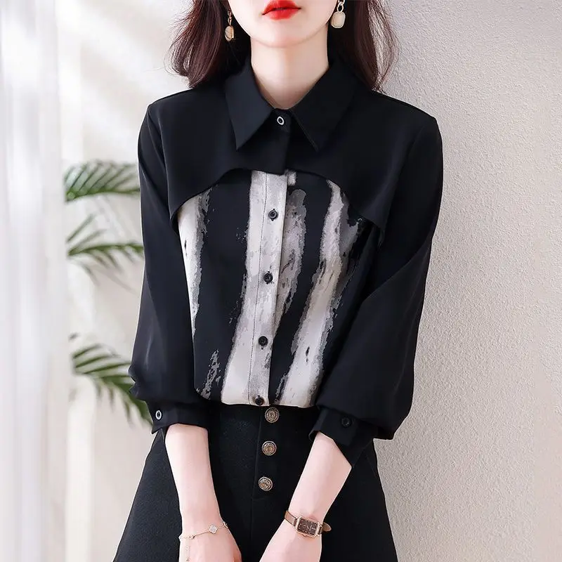 Immagine 5: Camicie lunghe polo patchwork vintage graziose da donna Primavera Estate Lady Chiffon Moda Camicetta nera 2025 Nuove magliette femminili