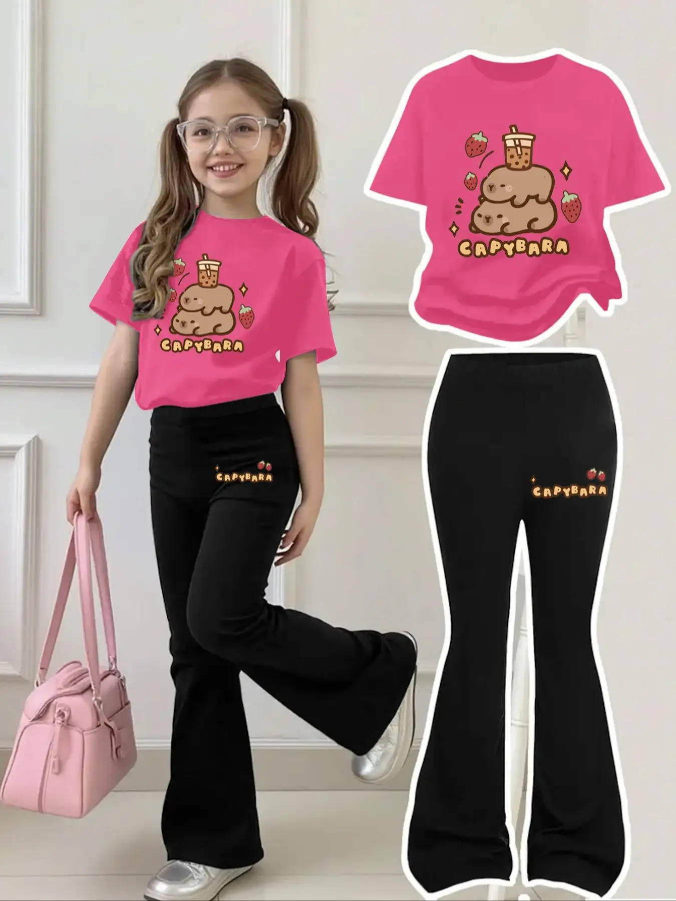 Children's Clothing Set for Girls Aged 4-12, Cute Capybara Print, Includes Black Bell-Bottom Pants + Rose Red and White Short-Sleeved Top, Capybara with English Letters and Capybara Pattern Clothing