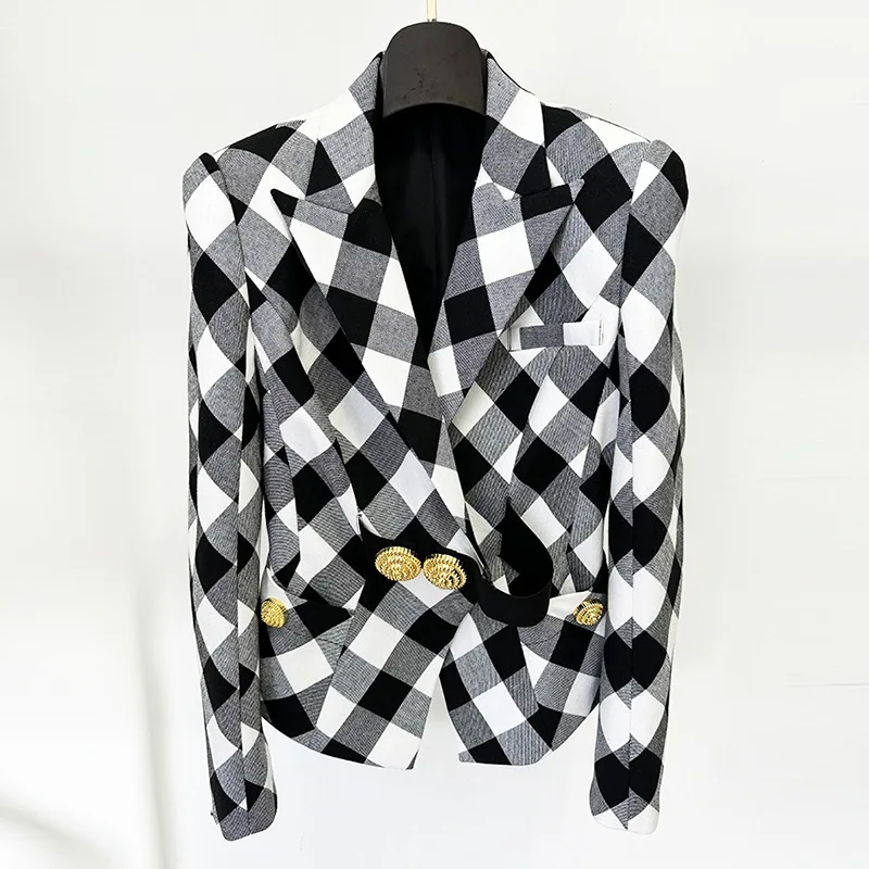In Stock Vintage Designed Houndstooth Lady Fashion Office Wear Notched Slim Fitted Long Sleeve Blazer for Women