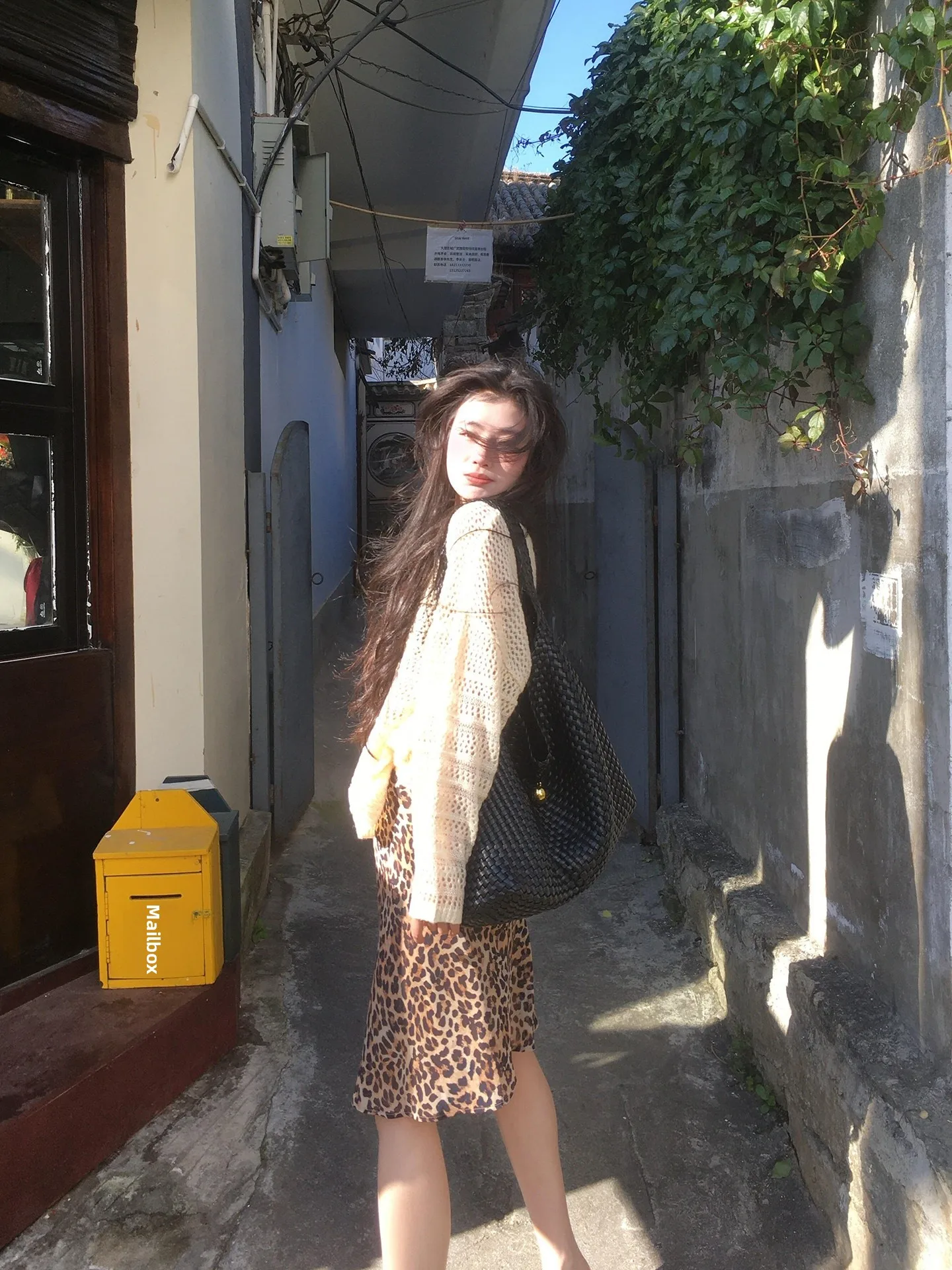 Ladies' Lazy Style Leopard Print Knitted Half-Skirt Set Hollow Long Sleeve Sun Protection Spring Summer New American Retro Tw...