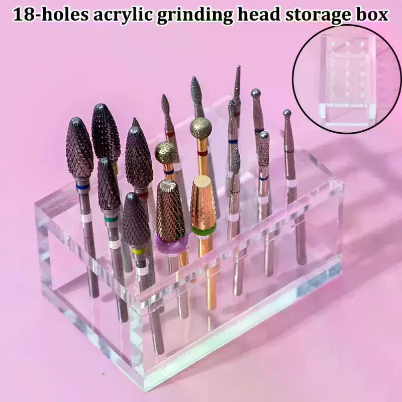 Hole Wood/Acrylic Nail Drill Bits Holder Polishing Head Storage Board Nail Grind Head Organizer Empty Container Manicure Tool 18