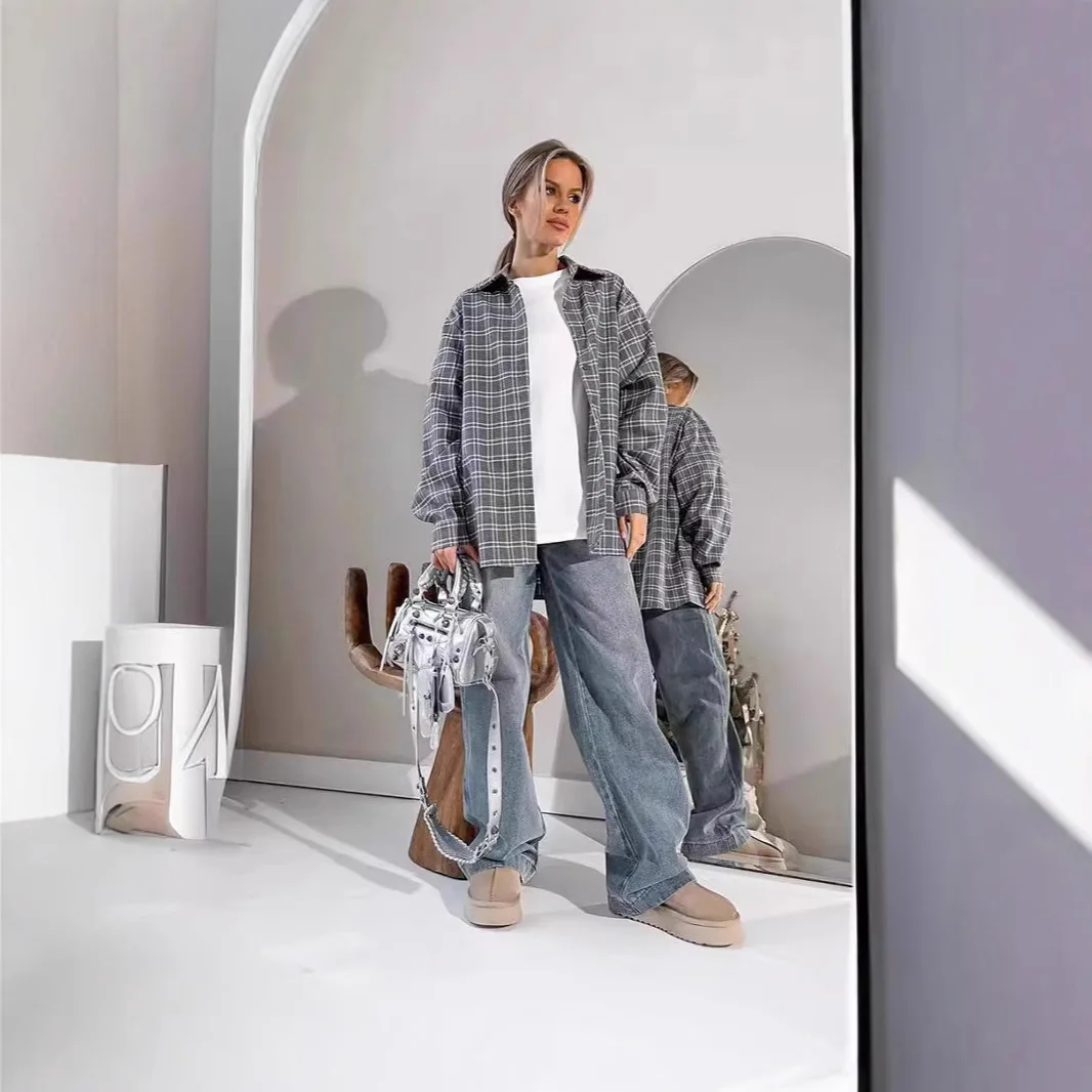 Chic Street Style Gray Plaid Shirts Elegant Women Long Sleeve Vintage Oversize Blouses Tops Spring Female Checked