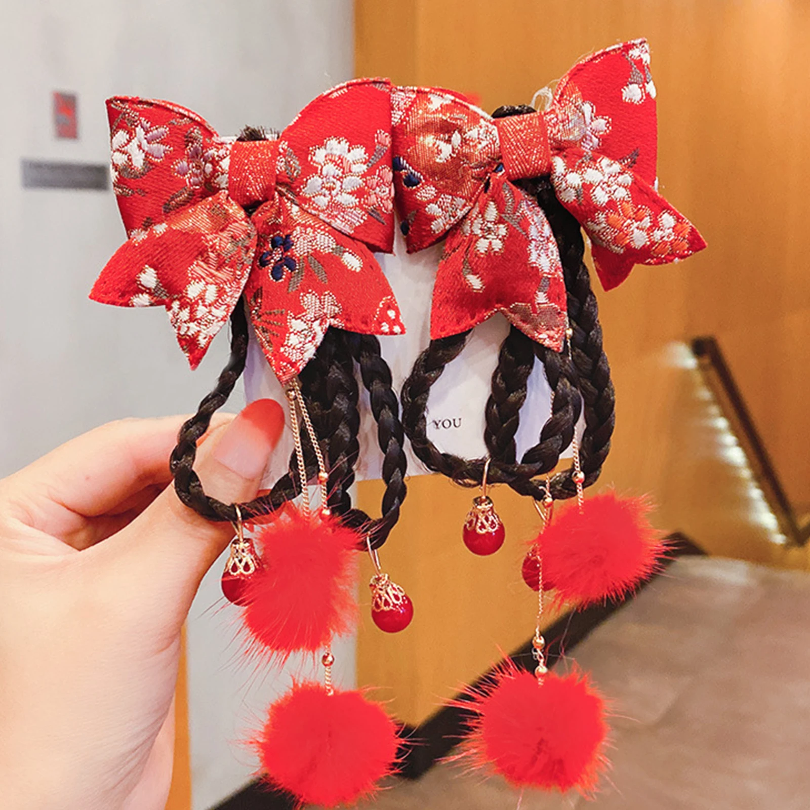 Little Girls Hair Clips Chinese Style Bow-Shaped with Braids Pendants Clip-On Hair Pins Cosplay Photography Prop Barrettes