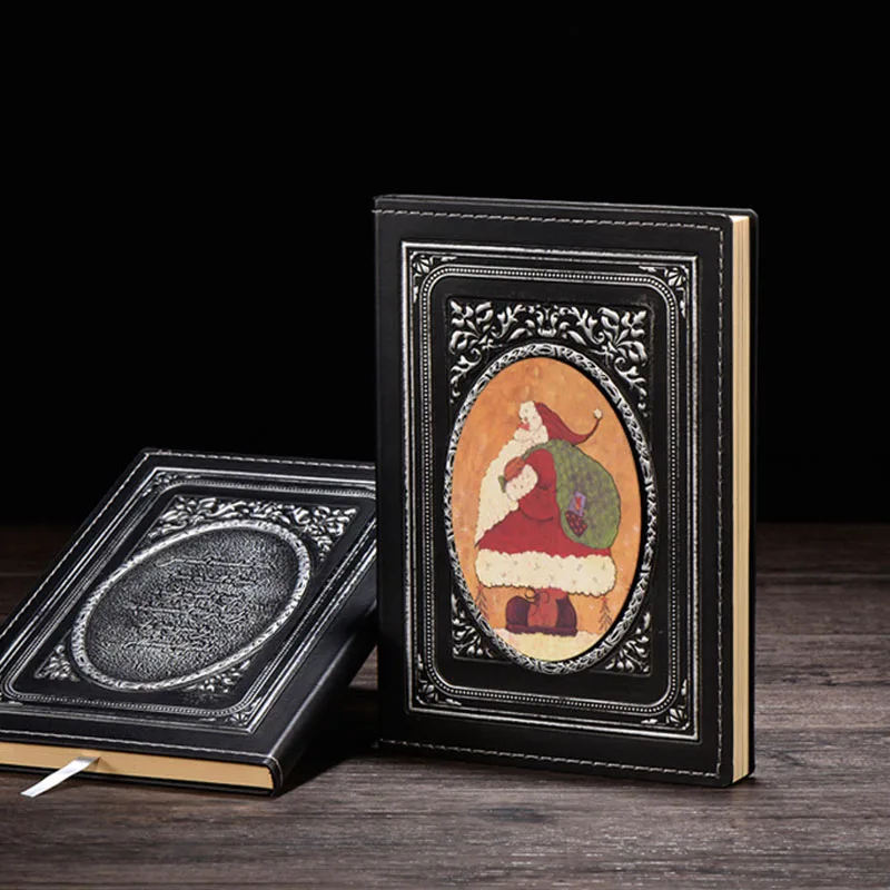 A5 Santa Hardcover Notebook PU Retro European Wireless Binding Planner Notebook with 3D Embossed Leather Cover