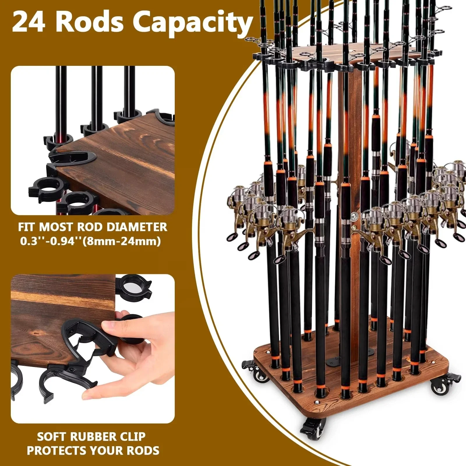 360-Degree fishing rod holder, can hold up to 24 fishing rods, wooden frame with rollers