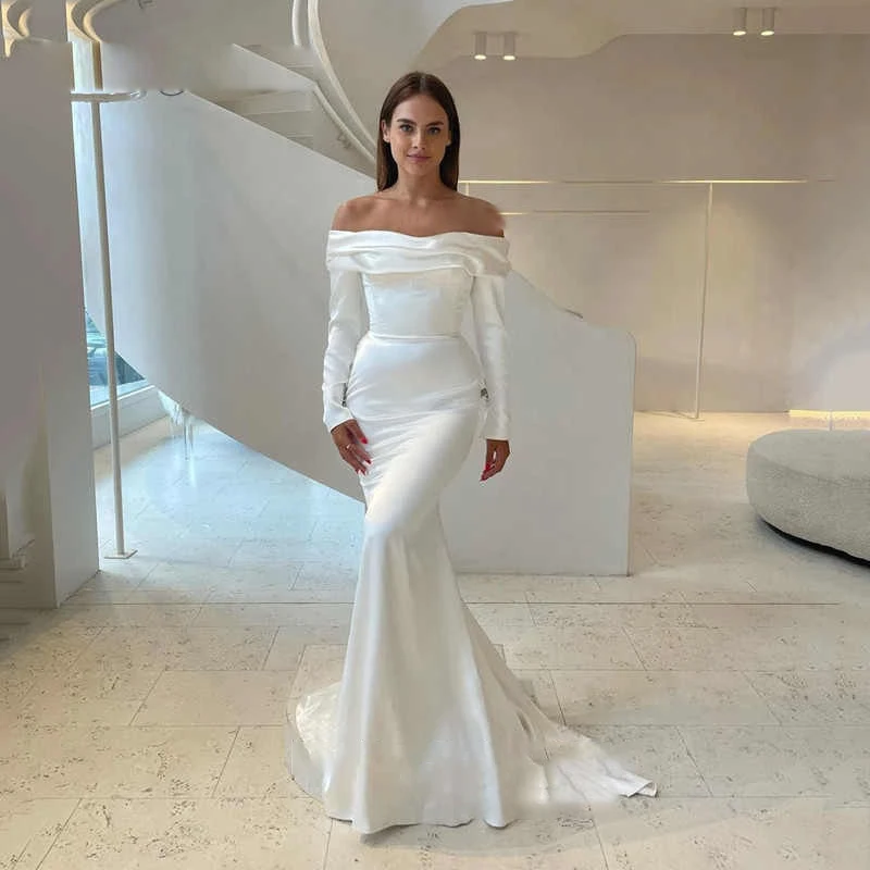 High-end Satin Wedding Dress Cold Shoulder Long Sleeve Backless Mermaid Trailing Wedding Dress For Wedding Birthday Holiday