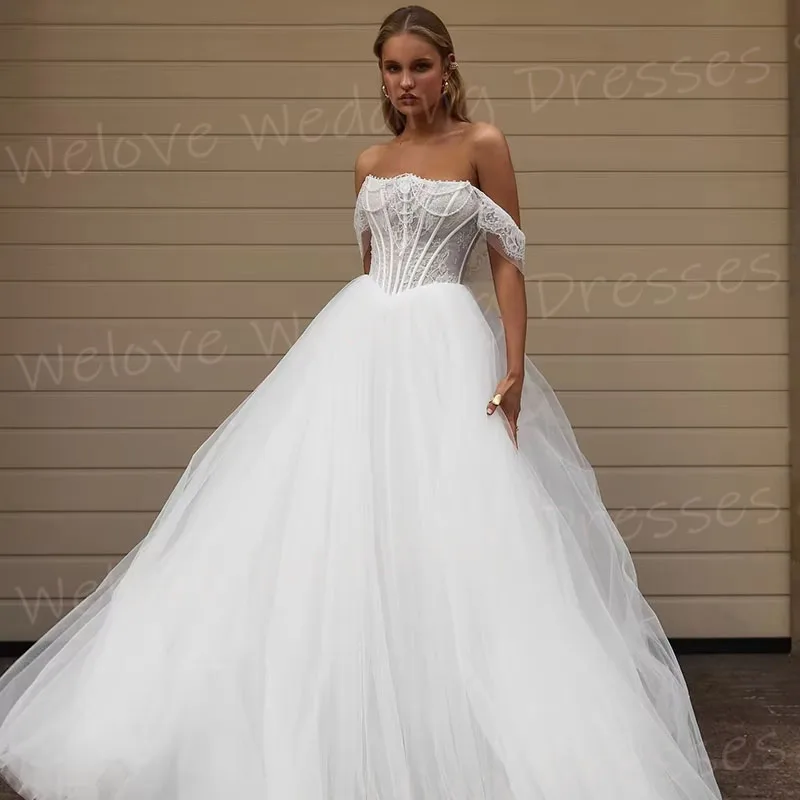 Gorgeous A Line Women's Lace Off The Shoulder Wedding Dresses Robe De Mariée Customized Sleeveless Bride Gowns Vestido De Novia