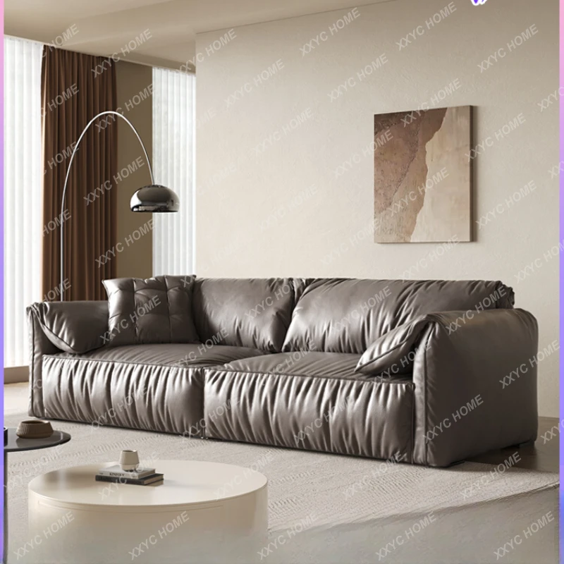 

Leather Sofa Modern Minimalist Living Room Straight Row Three-Seat Small Apartment Italian Minimalist Sofa Combination