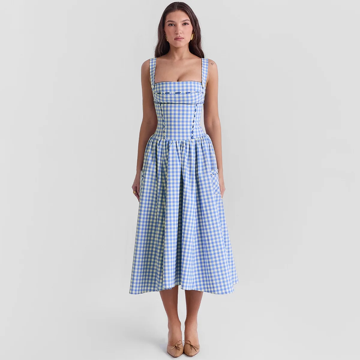 Sladuo Elegant Regatta Blue Gingham Midi Sundress Spahetti Strap Evening Holiday Club Outfits Summer Dress Vestidos