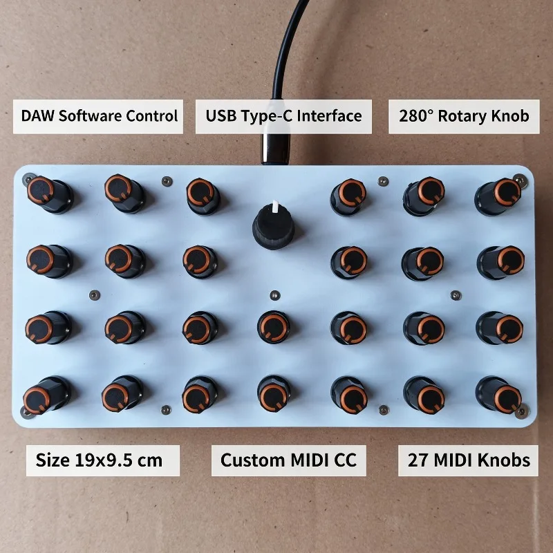 27 Knobs MIDI Controller USB-C Custom CC Control for DAW Music Production Mixing 280° Damping Knob