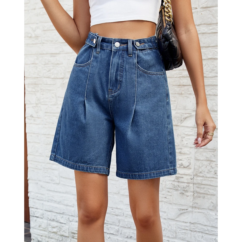 الصيف النساء الخصر غسلها الدينيم السراويل أزياء Ruched مستقيم الساق الجينز جيوب السراويل القصيرة