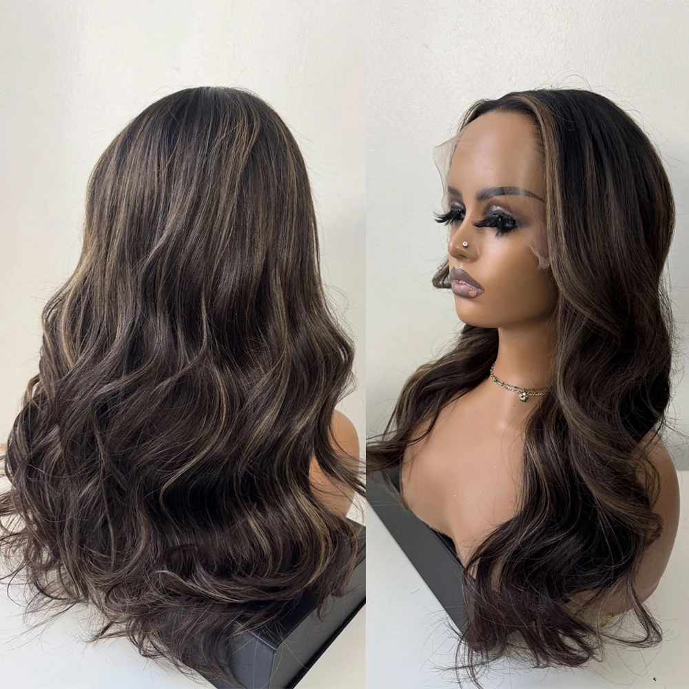 Dark Brown Long Wavy Synthetic Lace Front Wig with Brunette Highlights Heat Resistant Fiber for Women Realistic Look Girls Gift