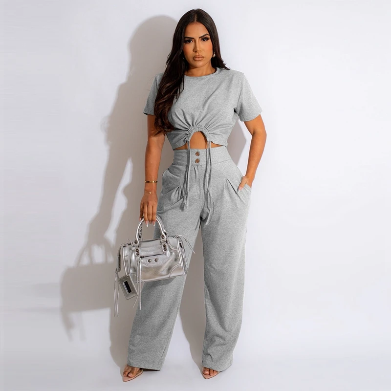 Women Casual Two Piece Tracksuit Solid Ruched Drawstring Short Sleeve T Shirts And High Waist Wide Leg Trousers Fashion Y2K Set