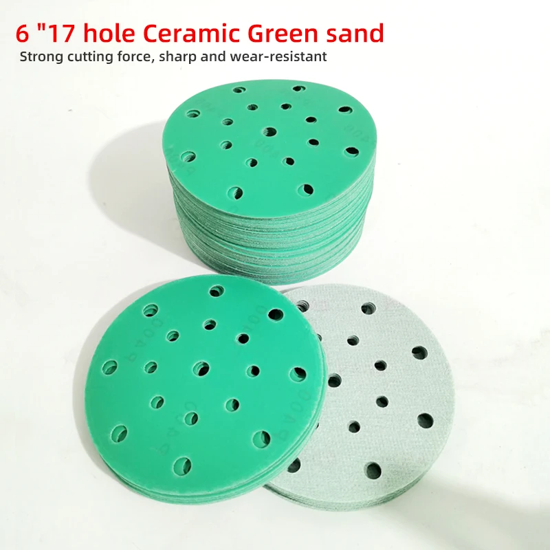 6 Inch 150mm Round Flocking Sandpaper Dry Ground Polishing 80 Mesh /120/180/240/320/400  Green Self-Adhesive For Car Painting