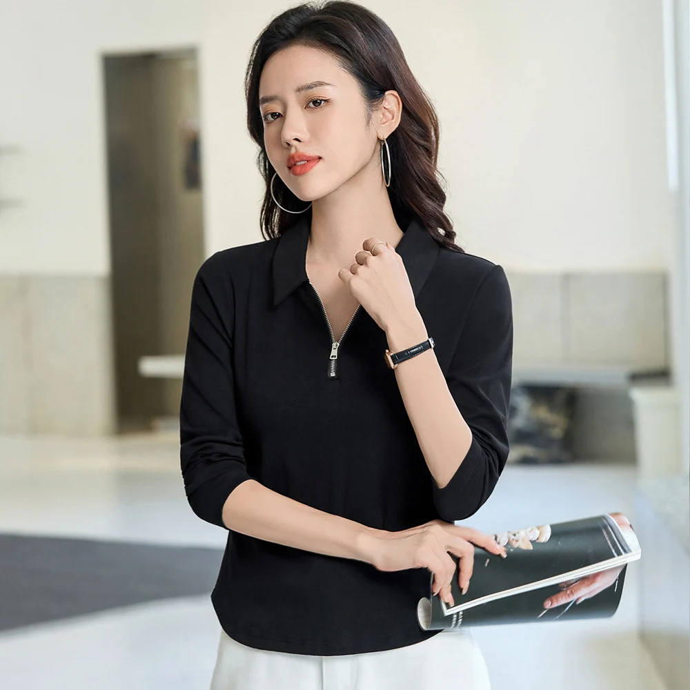 European style Angora red long sleeved T-shirt for women's autumn new high-end cotton fashion plus zipper lapel casual top