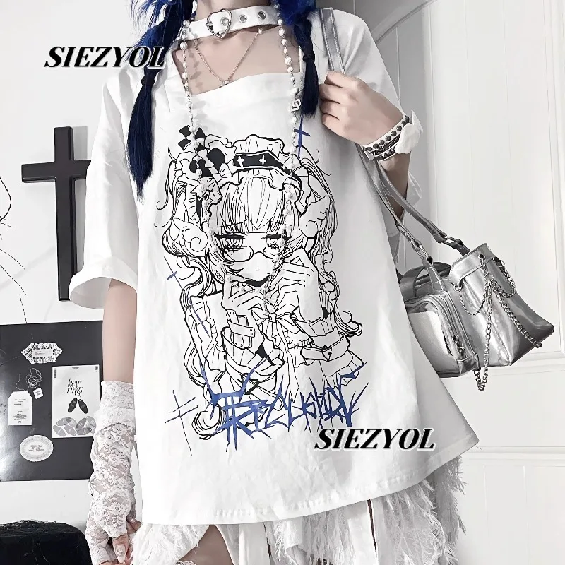 Original Printed Animation Subculture Dark Loose Short-sleeved Neck T-shirt Sweet and Cool Girls Versatile Cotton Tops