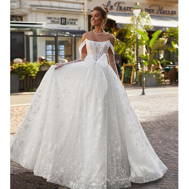 

Elegant Wedding Dress Organza With Embroidery A-Line Ball Gown Sleeveless Boat Neck Customized Bow Bride Dress Vestido De Novia