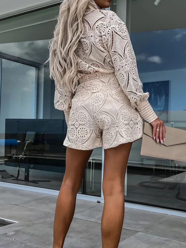 Hook Flower hollow Lace Shorts Matching Suit Elegant Office Women Solid Two Piece Set Slim Fit Long Sleeve Mini Shorts Lady Suit