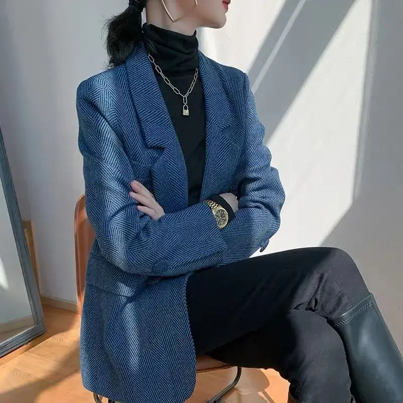 Women's Wool & Blend Blazers Winter Velvet Blue Warm Outerwear Office Wear Professional Outfits Female Tweed Coats and Jackets