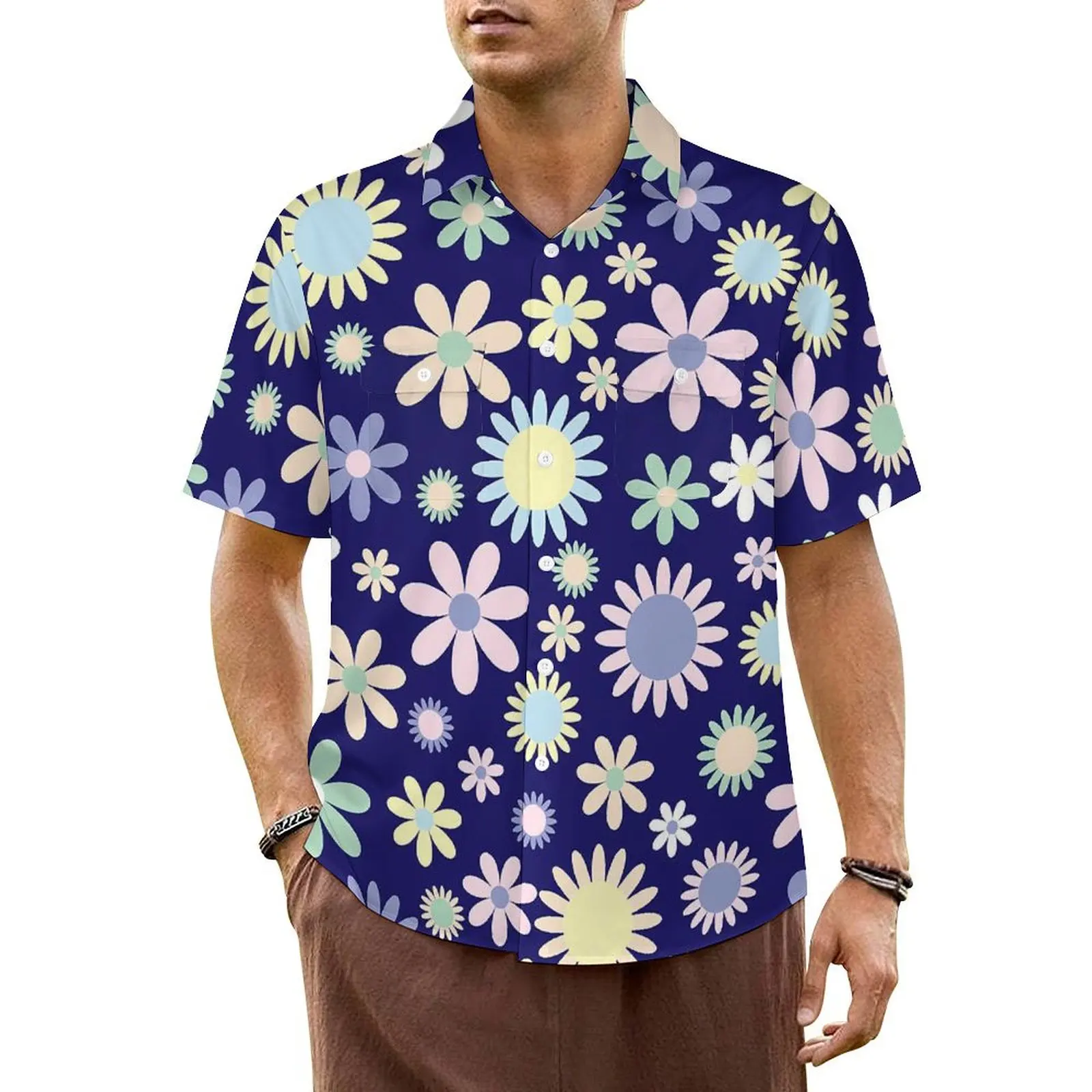 

Hawaiian Shirt Beach Field of Daisy Blouses Flower Power Print Vintage Casual Shirts Men Short Sleeve Fashion Plus Size Clothing