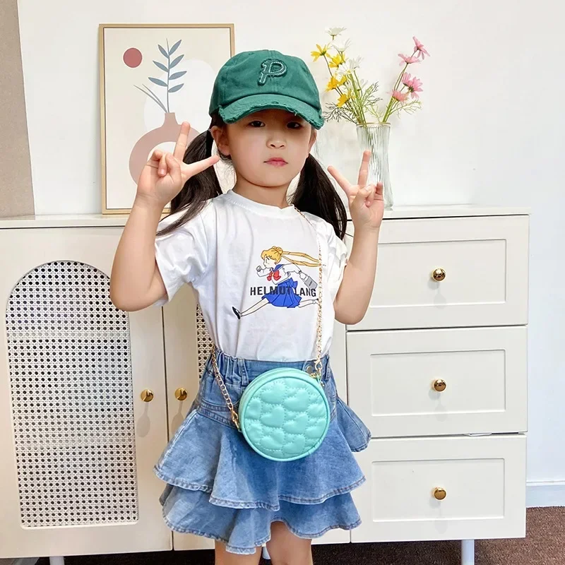 Bolso pequeño redondo con patrón de corazón de amor para niños, bolso cruzado con cadena de hilo de coser, Mini bolso de mensajero de PU para niñas, monedero de moda