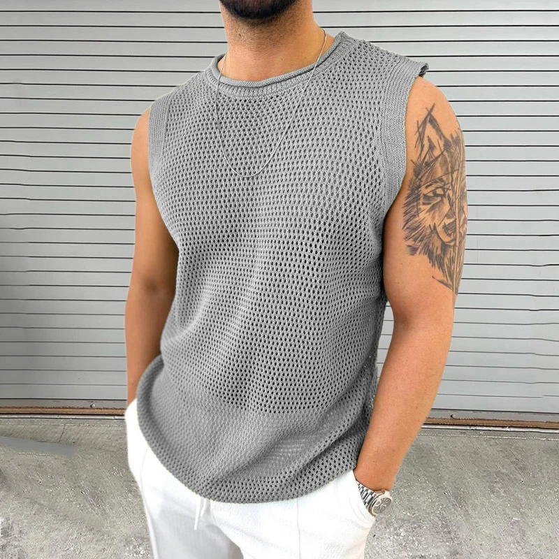 Leisure Solid Color Hollow Out Mens Knit Camisoles Summer Casual O Neck Sleeveless T Shirt Men Fashion Slim Knitting Tank Tops