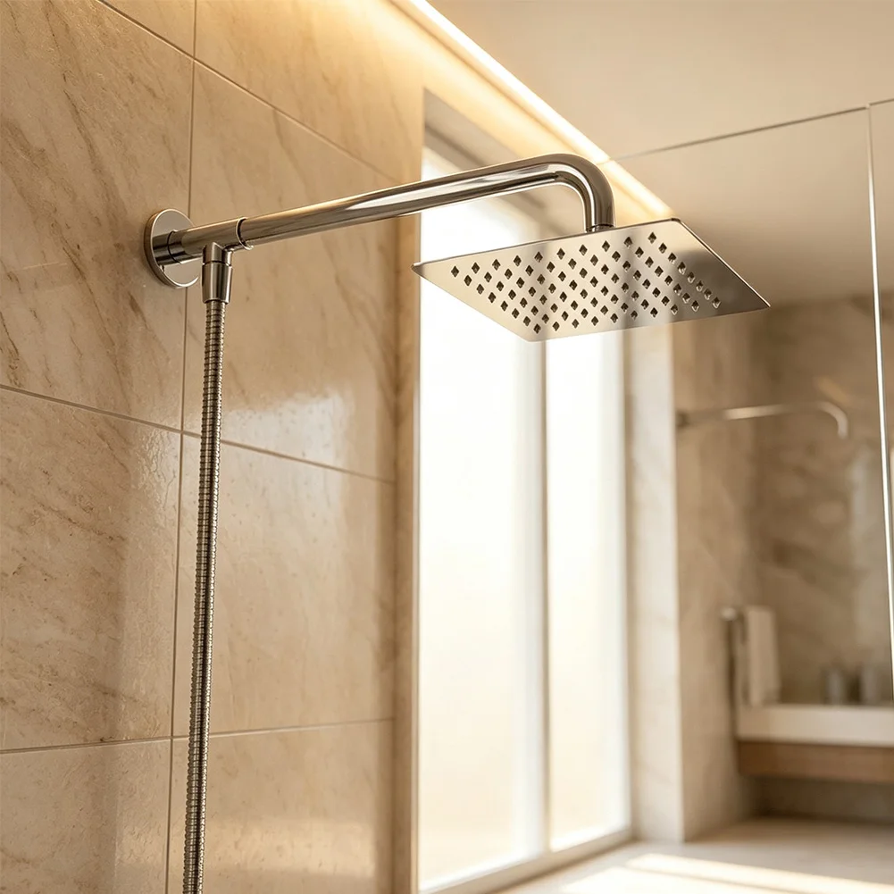 Square Stainless Steel Rain Shower Head Set with Adjustable Extension Arm and Standard Shower Hose for Daily Use