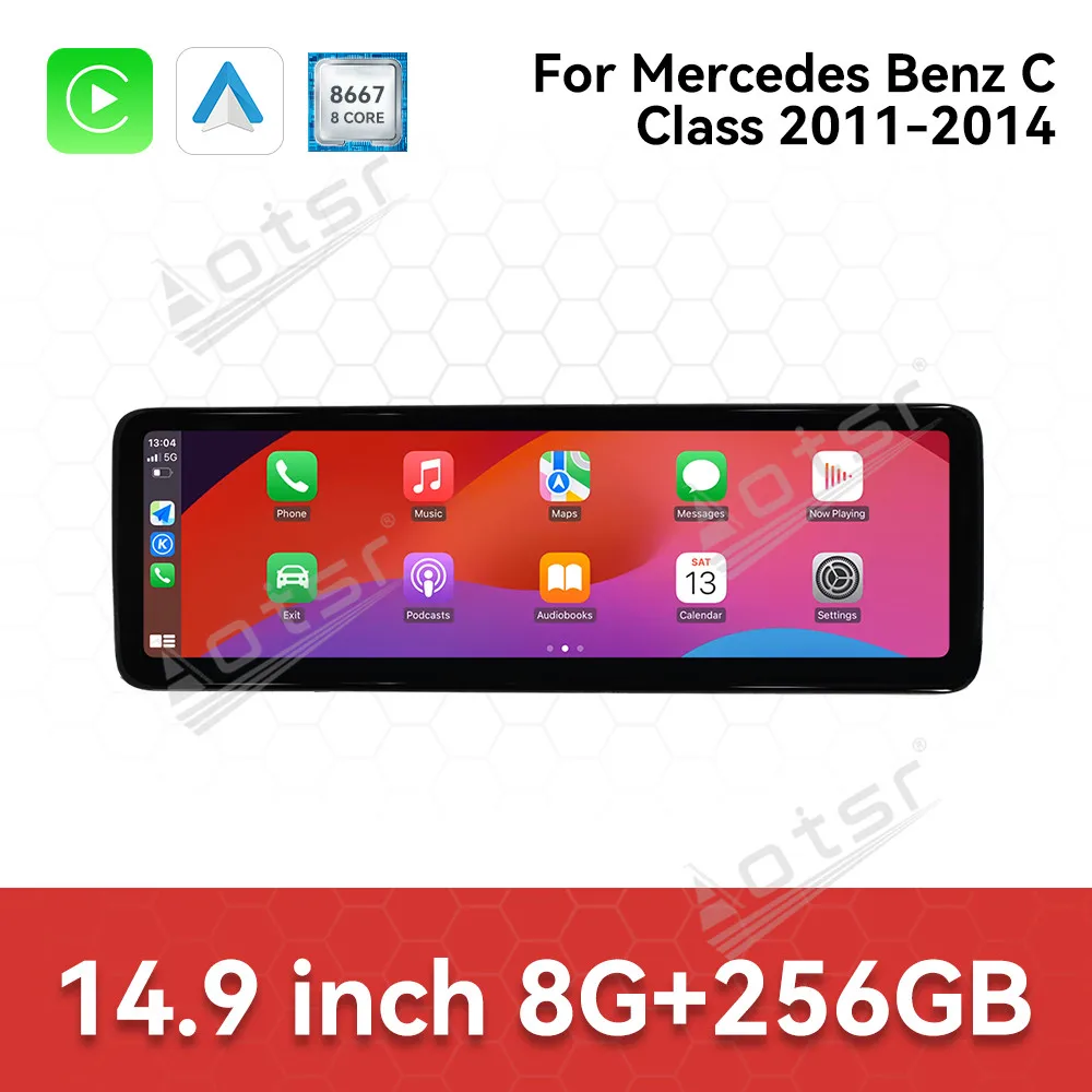 14.9 ''أندرويد 14 لمرسيدس بنز C 2011-2014 سيارة لتحديد المواقع والملاحة CarPlay HD شاشة تعمل باللمس رئيس وحدة مشغل وسائط متعددة راديو