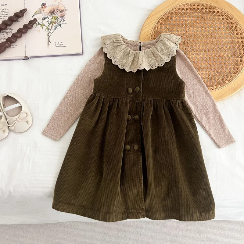 

Girls' stylish vest dress, toddler outfit, baby spring and autumn vintage corduroy dress for little girls