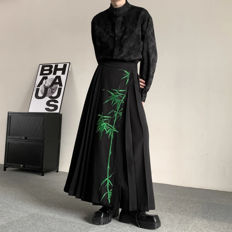 

New Chinese Sle Men's Bamboo Le Embroidered Pleated Skirt Casual Pants Spring Faion Trend Loose Fit Long Straight Tube