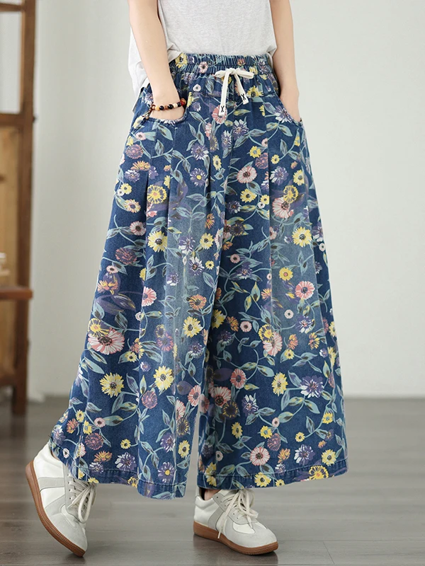 

plus Size Women's Summer Casual Loose Fit High Waist Wide Leg Jeans Elastic Waist Printed Slimming Straight Cut Blue Denim