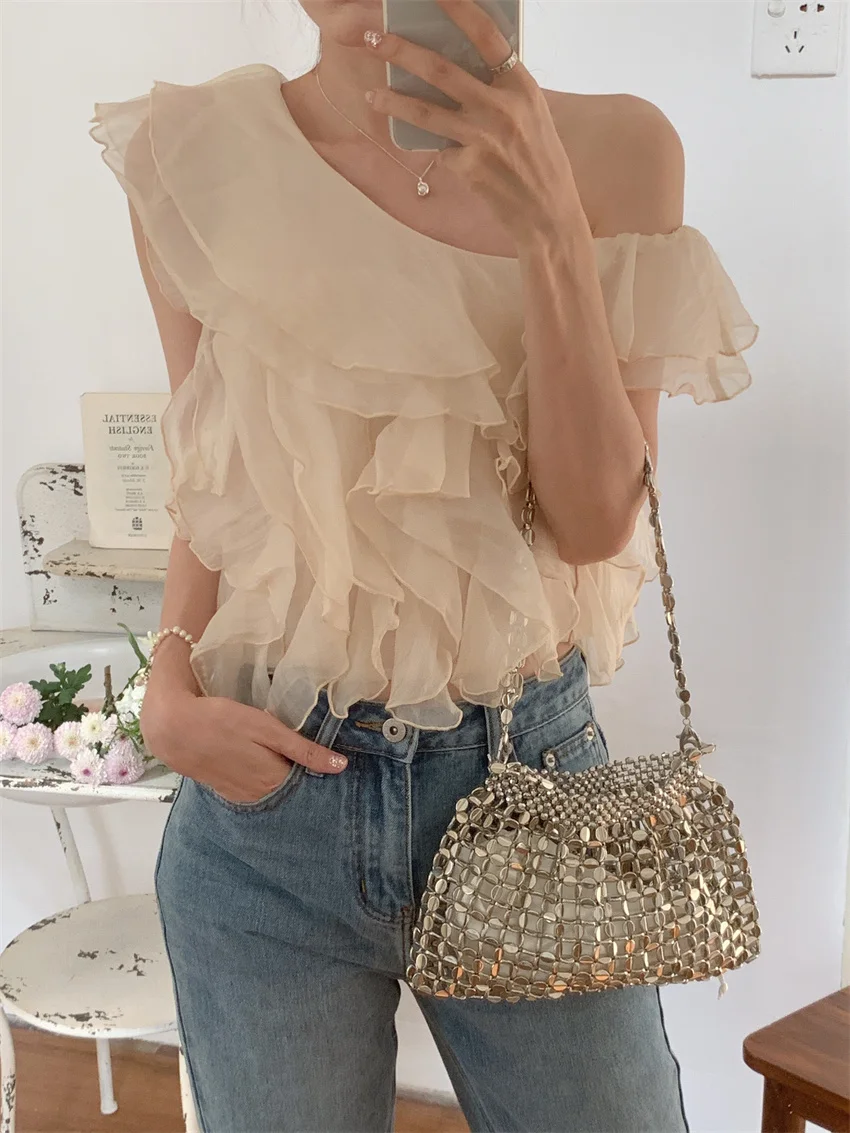 Alien Kitty S-M Apricot Blouses Ruffles Daily Summer Gentle Skew Collar Tank Tops Slim 2023 New Elegant Office Lady Chic Solid