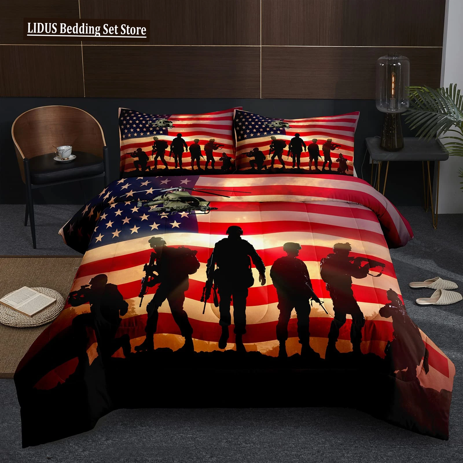 American Soldier Duvet Cover Set Twin For Boys Teens, American Flag Comforter Cover Set,Airplane Quilt Bedding Sets Queen Size