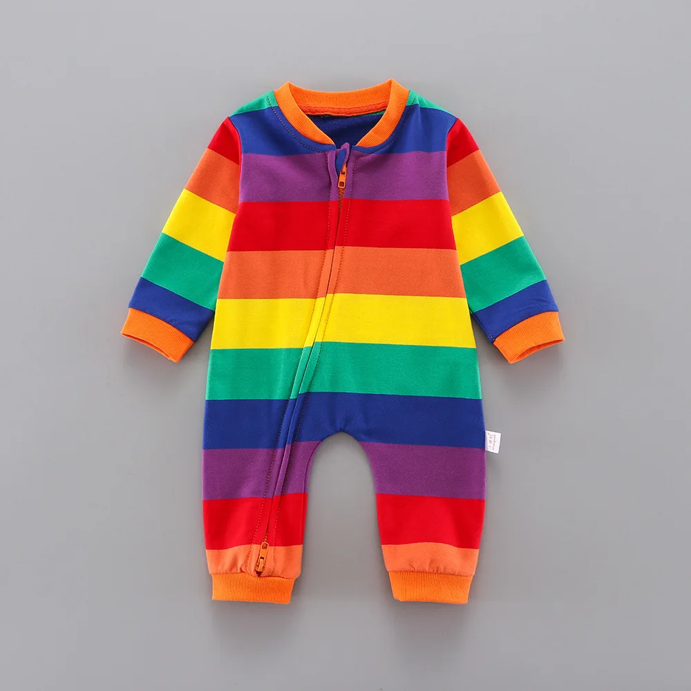 Newborn Baby Boys Romper Striped Rainbow Colors Cotton Clothing with Zip Infant Girl One-Pieces Long Sleeved Cloth 0-18Months