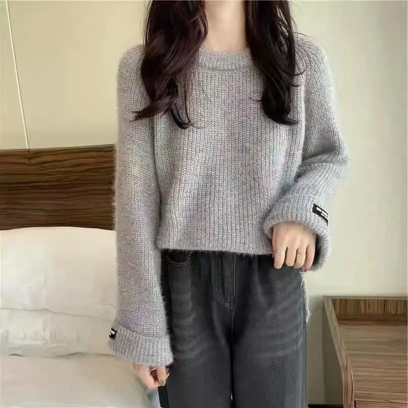 Spring Autumn New Solid Color Pullovers Crew Neck Jacquard Weave Casual Top Versatile Long Sleeve Fashion Loose Women\'s Sweaters