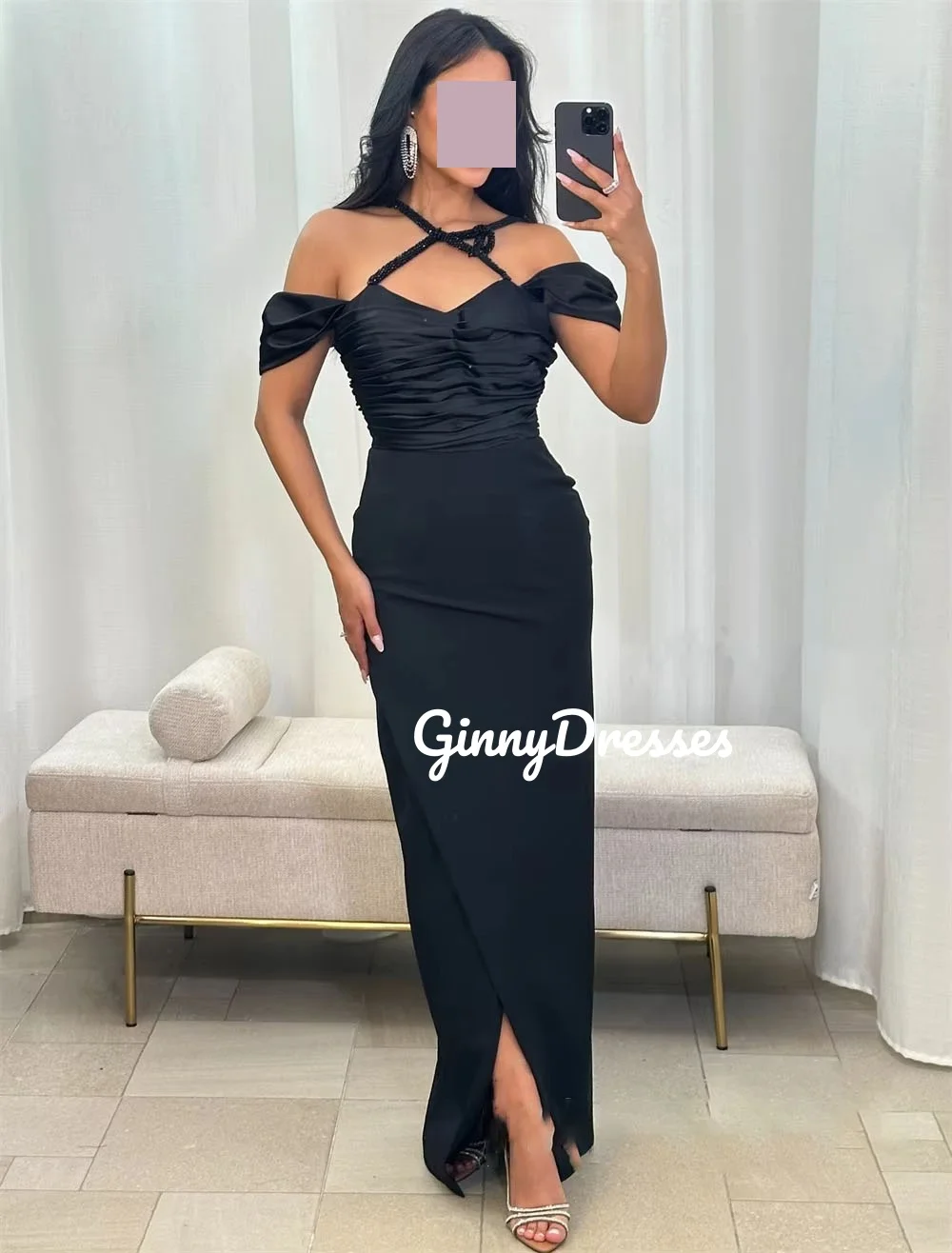 Dresses For Prom Sheath Split Customize Halter Floor-Length Ruffle Luxury Evening Dresses Short Sleeves Vestidos De Fiesta