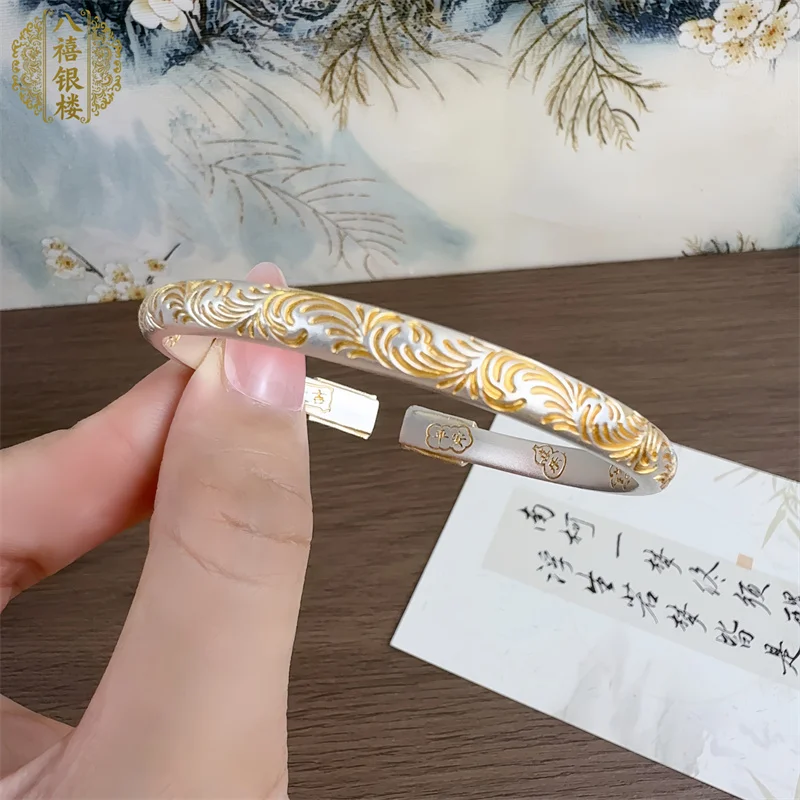 999 غرامة الفضة الإسورة للنساء المينا فراشة و تانغ العشب نمط النيو الصينية نمط الذهب تتبع المفتوحة الكفة هدية مجوهرات #5