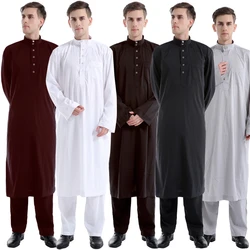 2PCS Muslim Men's Clothing Eid Ramadan Saudi Arabic Long Sleeve Tops Pants Set Turkey Jubba Thobe Islam Dubai Abaya Kaftan Suit