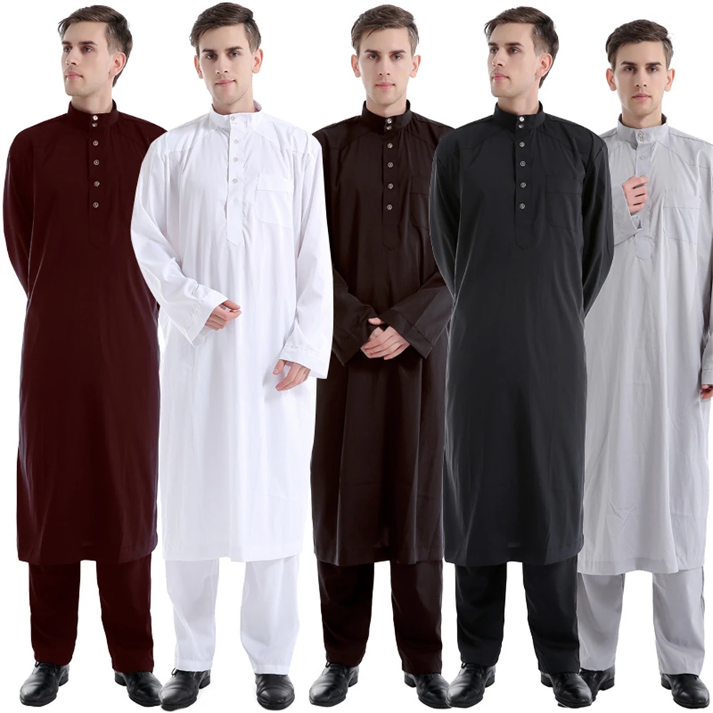 2PCS Muslim Men's Clothing Eid Ramadan Saudi Arabic Long Sleeve Tops Pants Set Turkey Jubba Thobe Islam Dubai Abaya Kaftan Suit