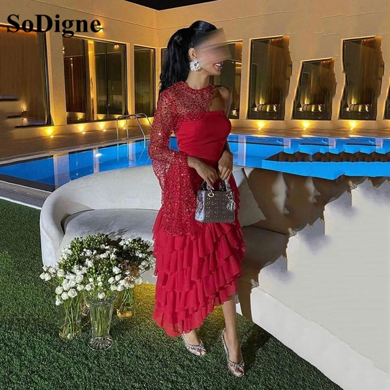 

SoDigne Red Saudi Arabia Evening Dresses Tiered One Sleeves Sequin Shiny Dubai Formal Occasion Gowns Elegant Prom Party Dress