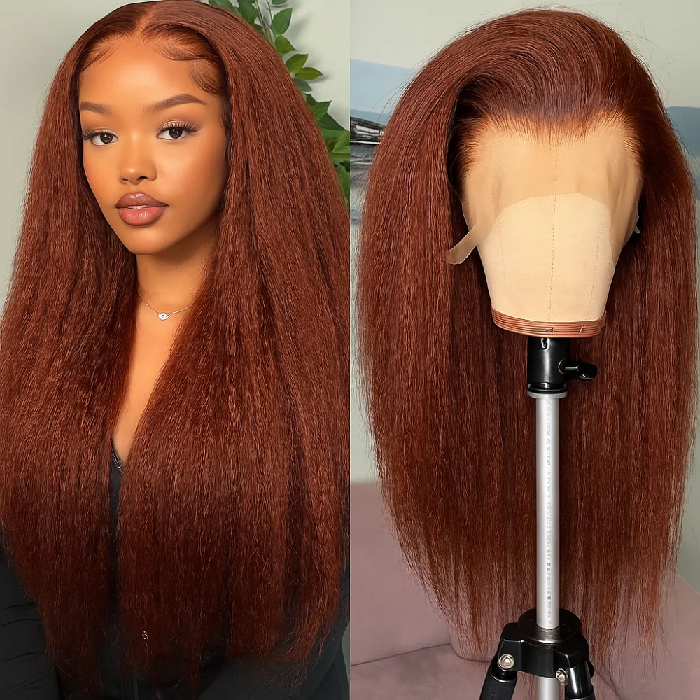 

13x4 HD Lace Front Reddish Brown Kinky Straight Human Hair Wigs 180 Density Brizilian Hair Red Brown Wigs Pre Plucked For Women